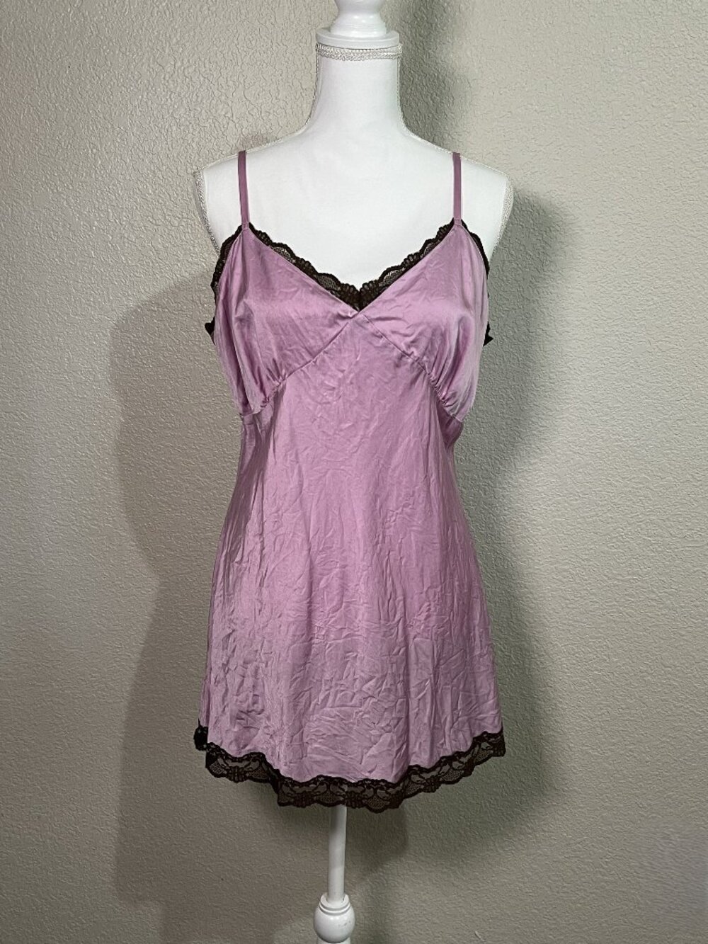 Vintage Y2K Babydoll Pink Mauve Satin Lace V-Neck Sleeveless Slip Dress Size XL